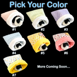 May include: A selection of seven colorful guinea pig sleeping bags, each with a different pattern and color, including pink, green, purple, blue, yellow, and floral designs. Each bag has a white interior and a guinea pig peeking out. Text reads "Pick Your Color."