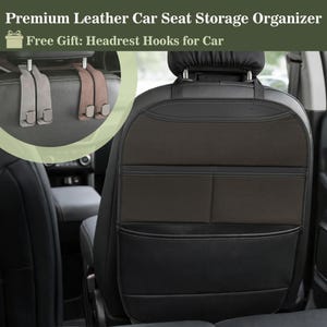 May include: Black and brown leather car seat organizer with multiple storage pockets. The organizer is attached to the back of a car seat. The image also shows headrest hooks in gray and brown.