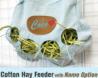 Karmnik z siana bawełnianego dla świnki morskiej, królika i jeża – wisząca torba na klatkę z haczykami – wielootworowa konstrukcja – prezent z imieniem zwierzaka
