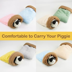 May include: A collection of small pet beds in various colors, including pink, blue, beige, green, yellow, and gray. Each bed has a brown rim and a small pet inside. The text "Comfortable to Carry Your Piggie" is displayed.