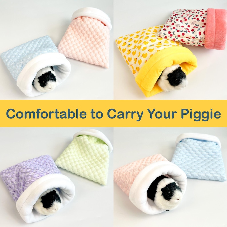 May include: A collection of small, quilted pet pouches in various colors, including blue, pink, yellow, and purple. Each pouch has a soft, white interior and is designed to comfortably house a small pet, such as a guinea pig. The text "Comfortable to Carry Your Piggie" is displayed.