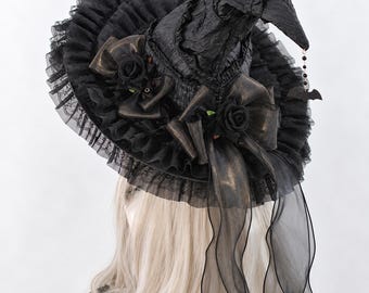 Gothic Witch Hat, Women's Witch Hat, Adult Witch Hat, Handmade Ren Faire Hat, Black Witch Hat, Halloween Cosplay Hat, Detachable Bow