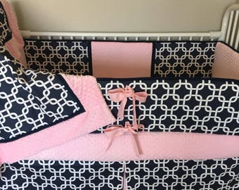 Coral And Navy Baby Girl Bedding Stripe And Floral Chic Etsy