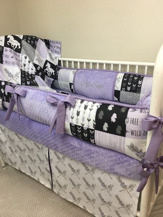purple and grey nursery bedding