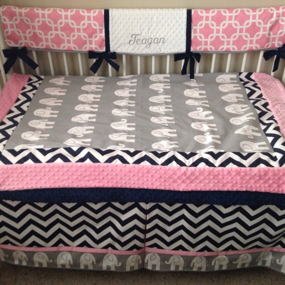 Navy Pink Gray Elephant Baby Bedding Girl Bumperless Crib Set Etsy