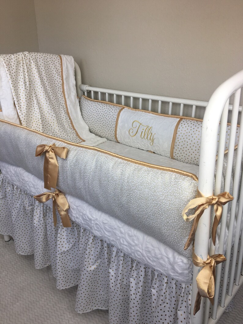 Baby Crib Bedding Set Girl With Gold Satin White Polkadot Pers Abusymother Nursery