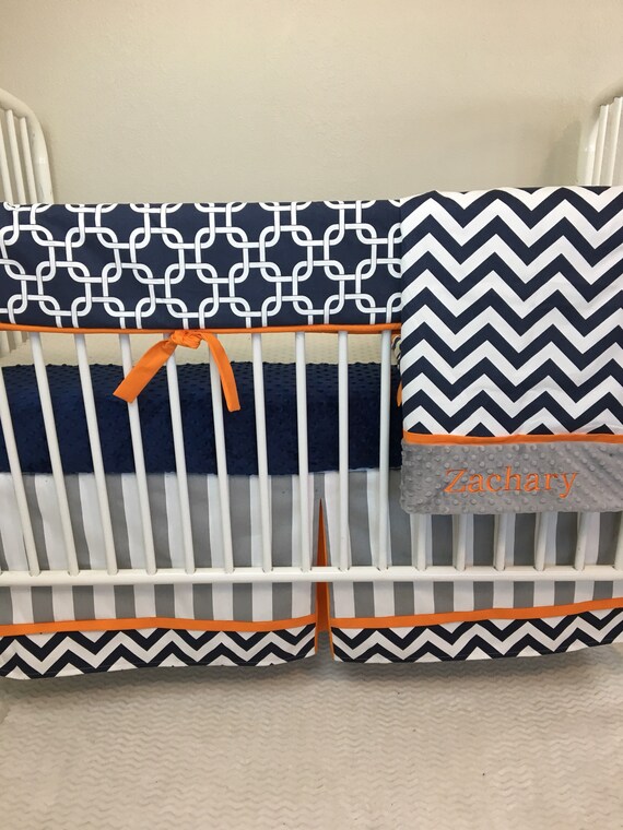 Baby Boy Bedding Bumperless Crib Set Navy Blue Chevron Orange Etsy