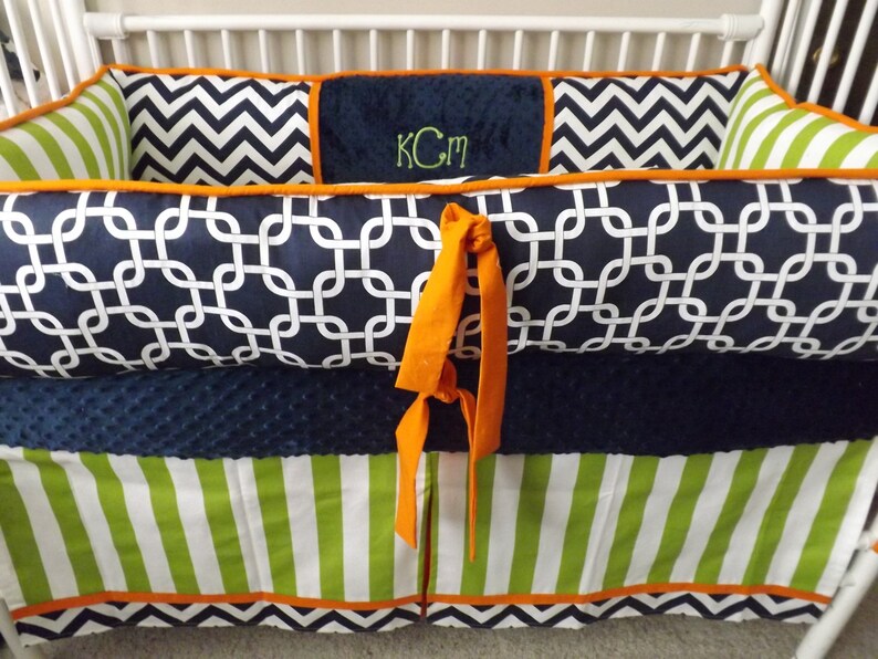 Crib Bedding Baby Nursery Sets Navy Chevron Lime And Orange Etsy