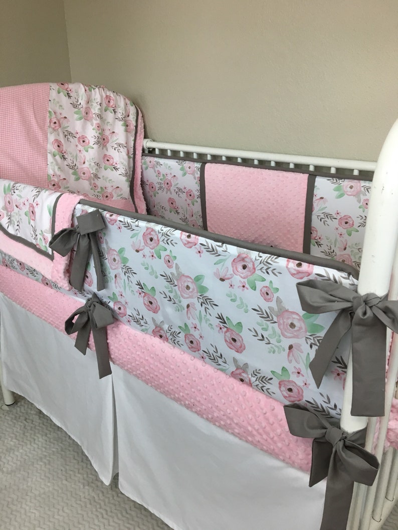 Girl Baby blanket quilt PInk floral baby blanket trim pink gingham check and minky dot
