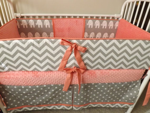 coral and grey crib bedding