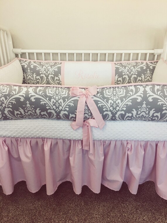 Baby Girl Bedding Crib Set Pink And Gray Damask Baby Girl Full Etsy