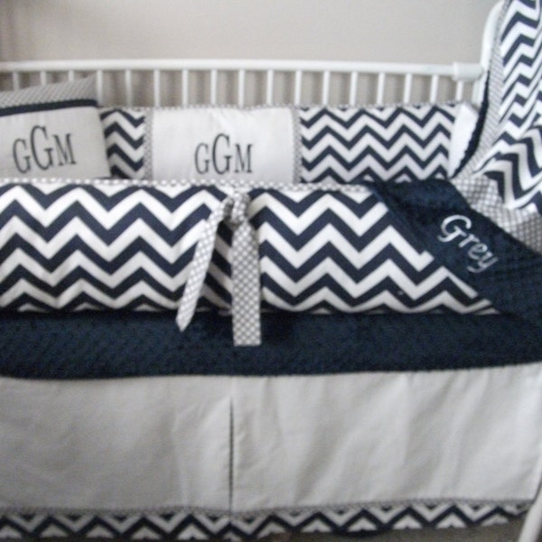 Navy Blue, Gray and White Chevron Boy Baby bedding Crib set abusymother nursery  crib bedding