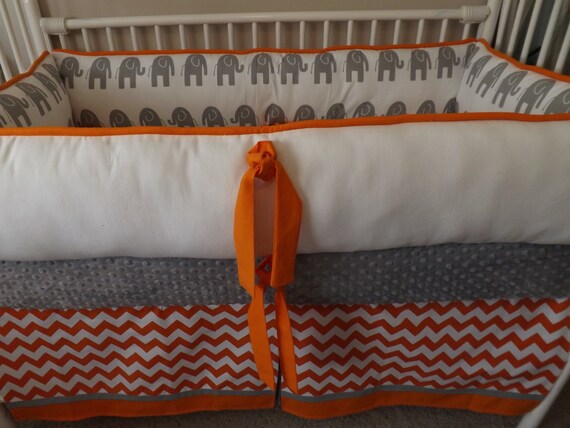 Orange Gray Elephants And White Chevron Baby Bedding Crib Set Etsy