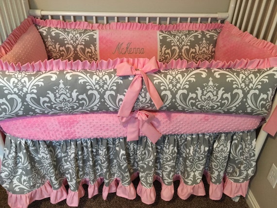 Custom Hot Pink And Gray Damask Baby Bedding Crib Sets Girl Etsy