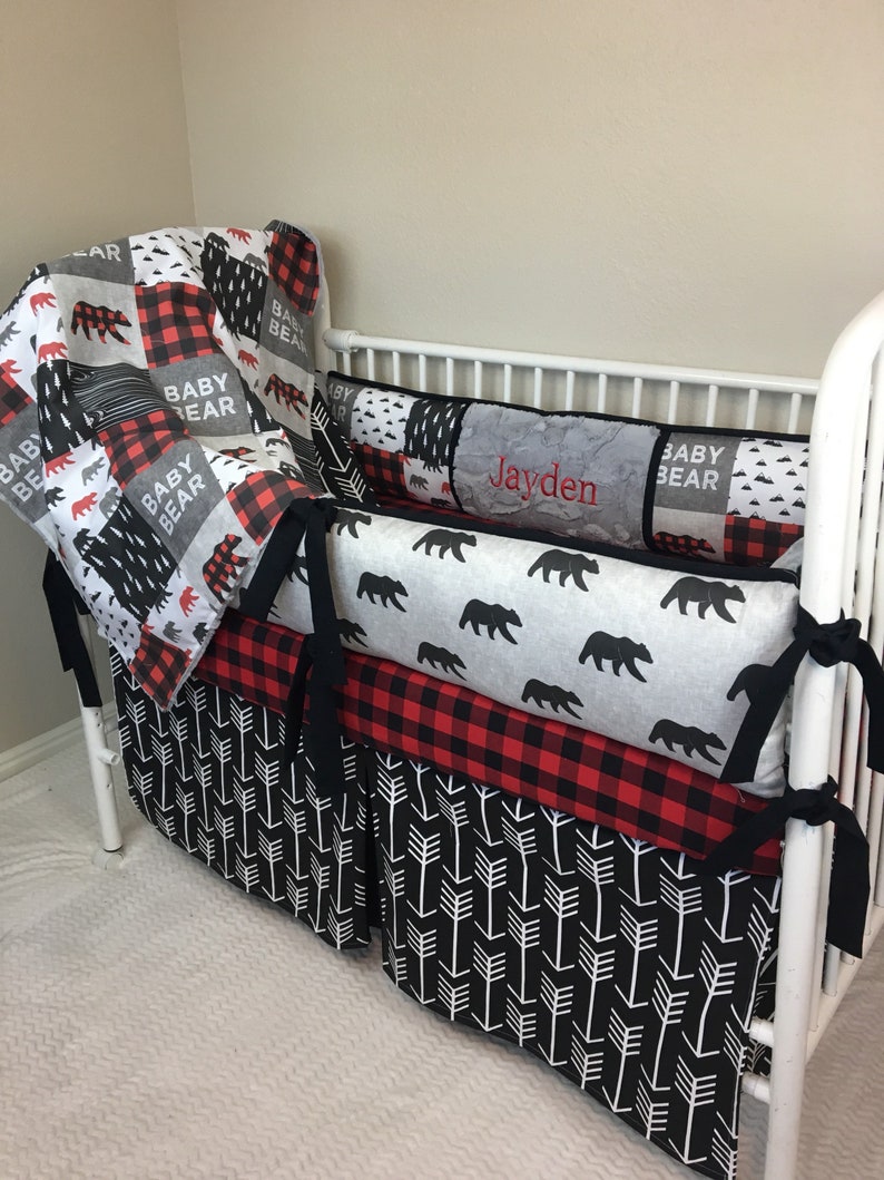 Red Black Arrows Check Bear Woodland Boy Baby Bumper Bedding Etsy