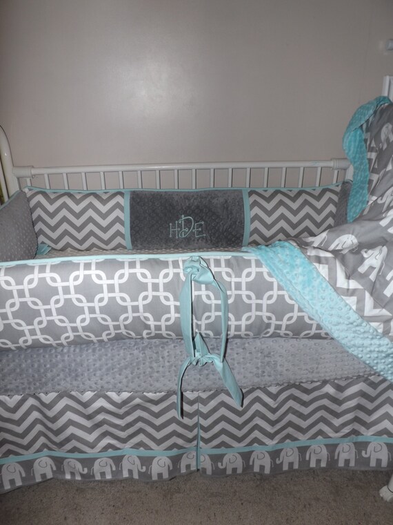 Baby Bedding Crib Set Aqua And Gray Chevron Elephant Etsy
