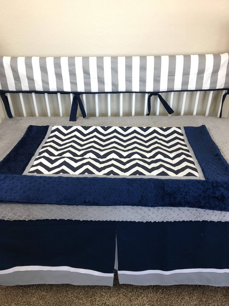 Baby Boy Crib Bedding Bumperless Crib Set Navy Chevron Gray Etsy