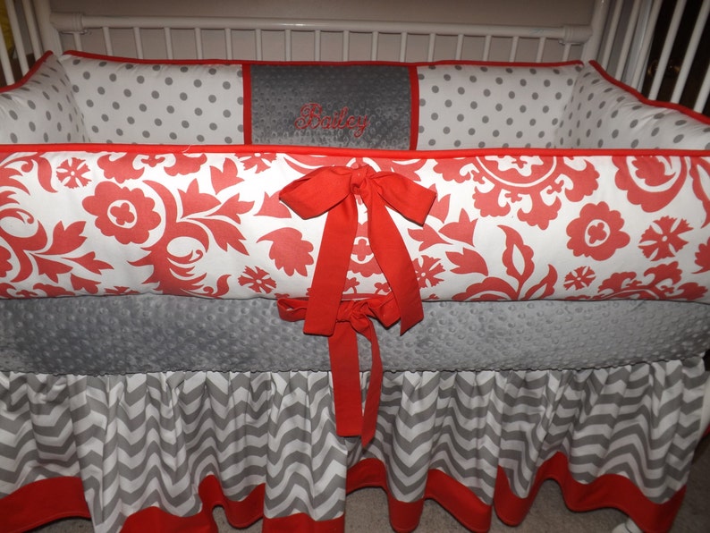 Baby bedding Crib set with Gray Chevron and Dark Coral Etsy