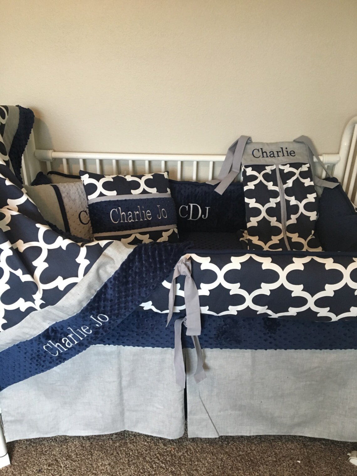 Baby bedding crib set Navy Blue quatrefoil and grey nursery Etsy
