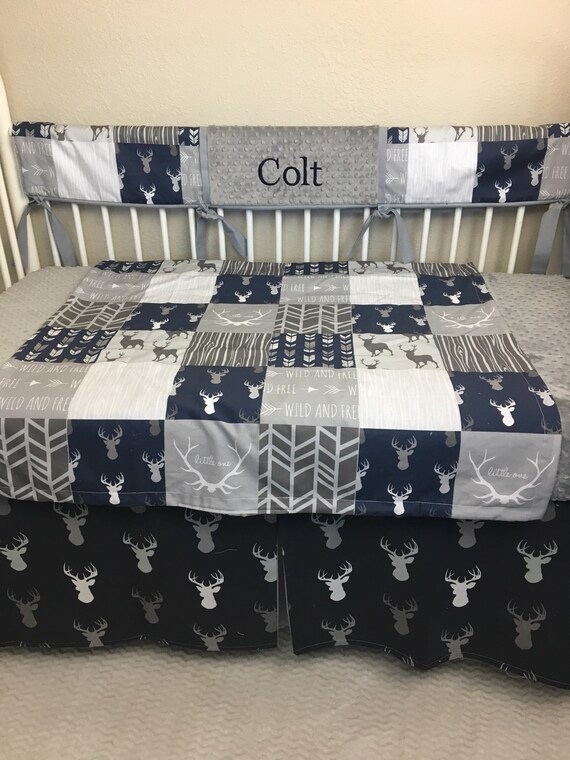 navy blue deer crib bedding