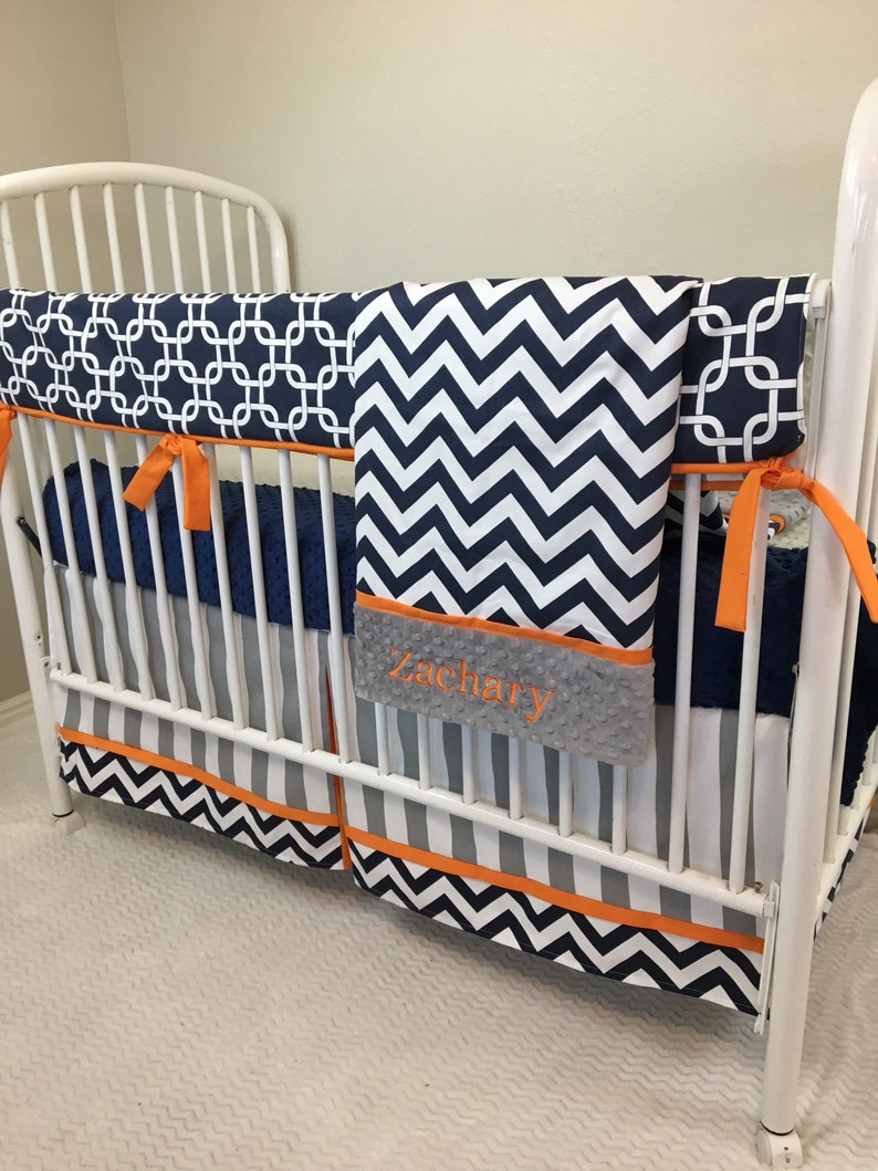 Baby boy bedding bumperless crib set Navy Blue chevron orange Etsy