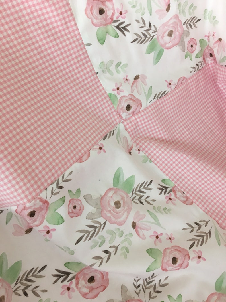 Girl Baby blanket quilt PInk floral baby blanket trim pink gingham check and minky dot