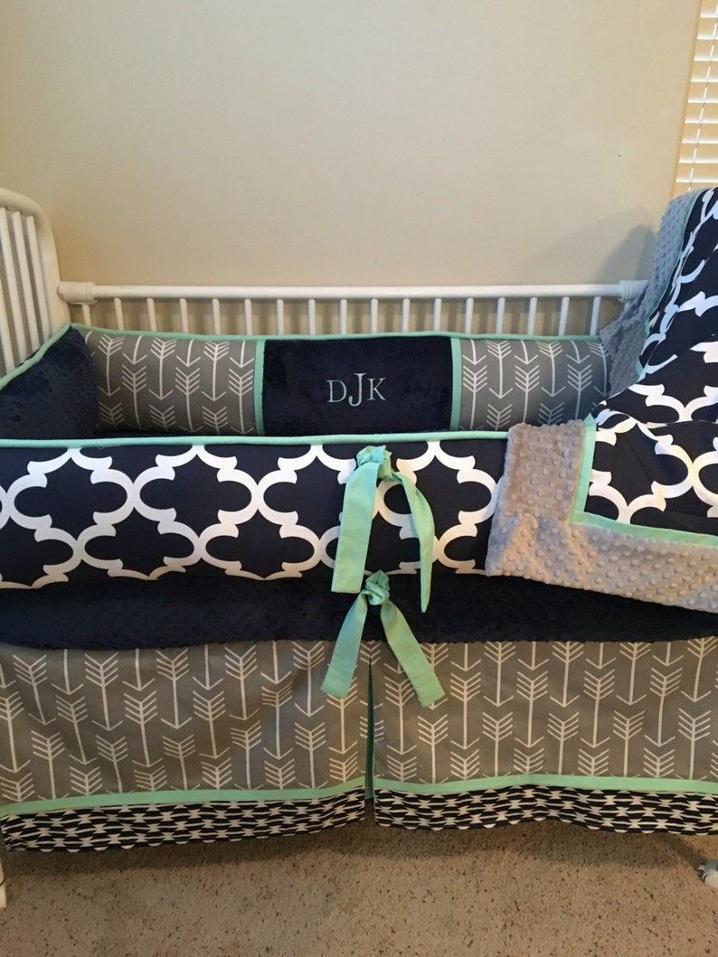 mint and grey crib bedding