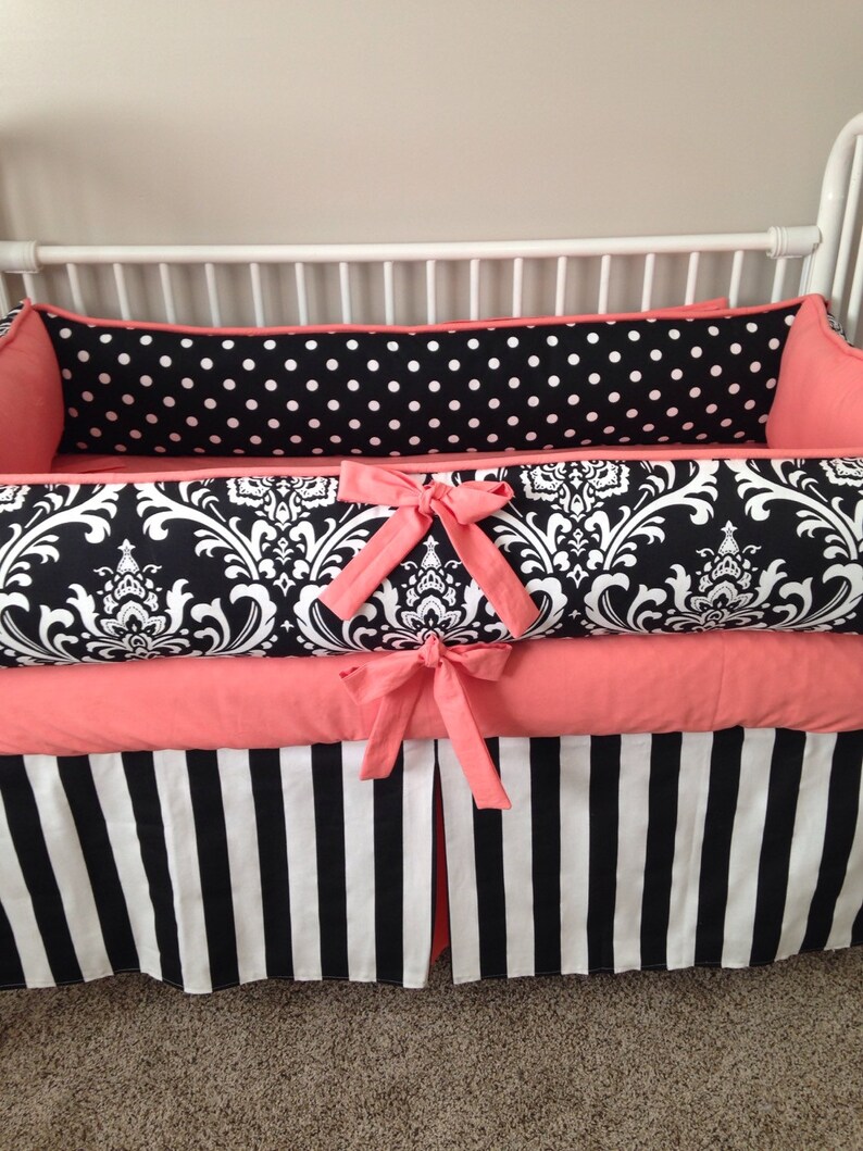 Baby bedding girl Crib sets Black white damask and Coral full Etsy