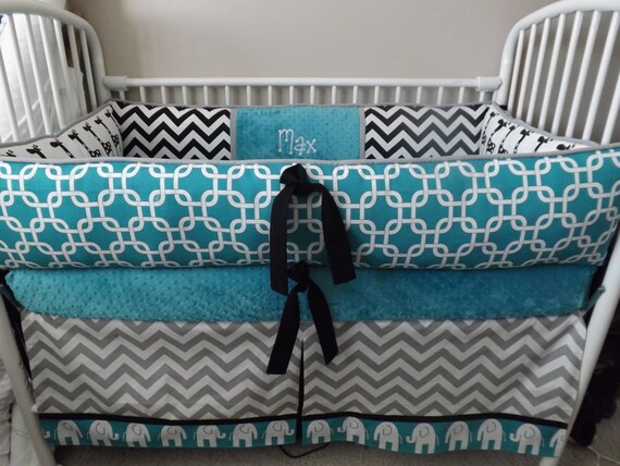 teal and gray crib bedding