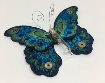 Beautiful Teal Steampunk Embroidered Butterfly Brooch  - Original Sewing Unique Upcycled Handmade Wildlife Nature Clockwork insect Jewelry