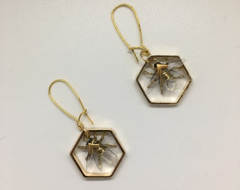 Steampunk earrings - Handmade Original Tiny Bee Lightbulb Geometric Earrings - Honeycomb Upcycled Steampunk Steam Punk Clockwork Jewelry
