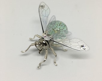 Disco Bug Blue Steampunk clockwork dried flower light up bee pin brooch - Handmade Clockwork Original Neo Victorian Victoriana Jewellery