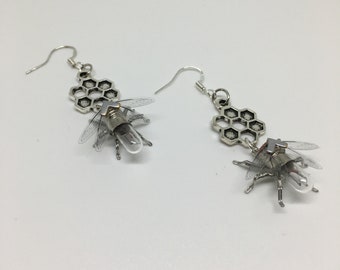 Steampunk earrings - Tiny Bee and Tibetan Silver Honeycomb Earrings - Original OOAK Unique Upcycled Handmade Steam Punk Clockwork Jewelry