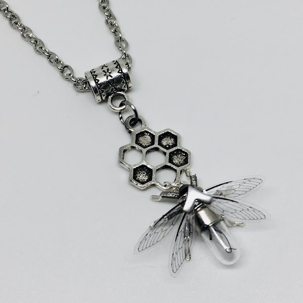 Tibetan Silver Steampunk Geometric honeycomb and clockwork bee necklace  - Handmade Original Clockwork Neo Victorian Victoriana Jewellery