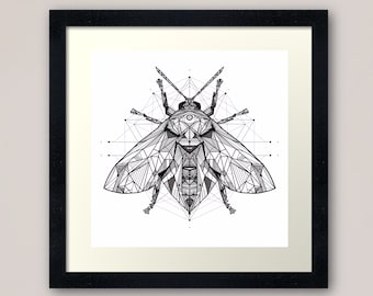 Scarab beetle line art - retro geometric zentangle beetle insect Illustration nature print/poster