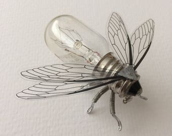 Steampunk brooch - Silver Bee Lightbulb Pin - Unique Original Handmade Steam Punk Clockwork Jewellery Jewelry