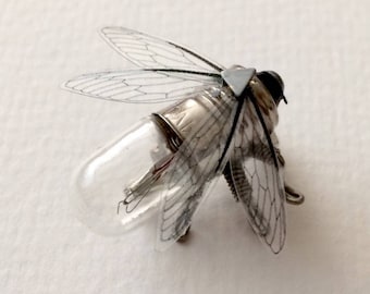 Upcycled Steampunk Brooch - Wearable Art - Small Handmade Fly Lightbulb Brooch - OOAK Unique Steampunk Steam Punk Clockwork Jewelry