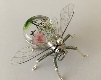 Disco Bug Sakura Steampunk clockwork dried flower light up bee pin brooch - Handmade Clockwork Original Neo Victorian Victoriana Jewellery