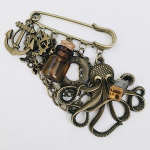 Broche de pulpo steampunk: broche náutico de whisky para falda escocesa, joyería victoriana