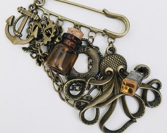What shall we do with the drunken mollusc? -  Steampunk Military style kilt pin octopus brooch - Nautical sailor Whiskey Victorian jewellery