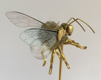 Save the Bees Steampunk Clockwork Furry Bee in Glass Dome - Original Curiosities Mini Insect Lightbulb Sculpture - Great Yellow Bee Art