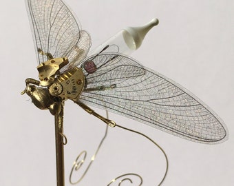 Mayfly Sculpture Steampunk Clockwork Insect in Glass Dome - Original Oddities & Curiosities Mini Lightbulb Ornament Specimen Sculpture Art