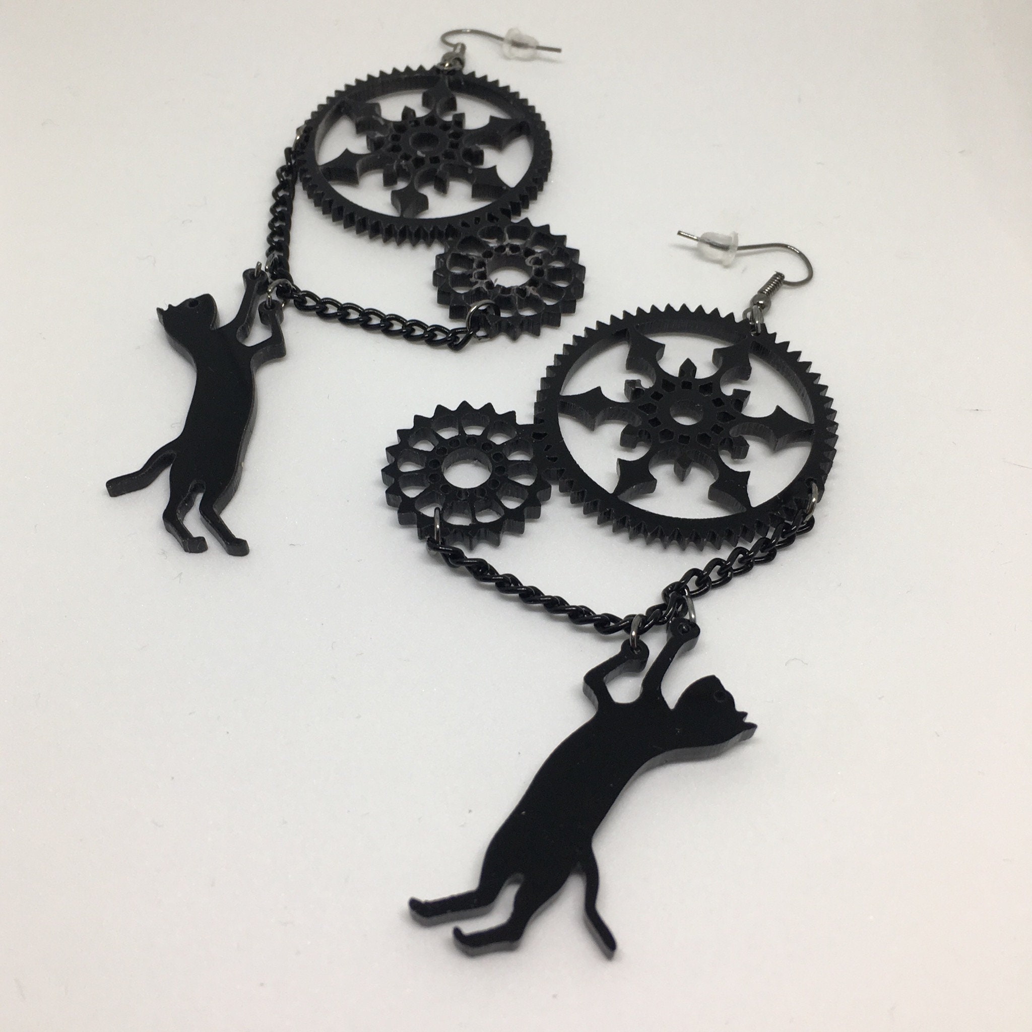 Black Cat Kitty Chasing Clock Mechanic Steampunk Gear Chain Dangle Earrings