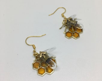 Steampunk earrings - Tiny Bee and Honeycomb Earrings - Original OOAK Unique Upcycled Handmade Steam Punk Clockwork Jewelry
