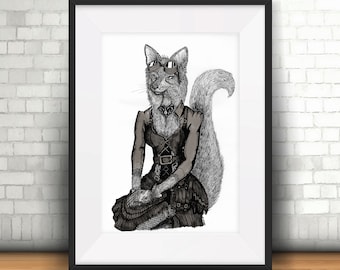 Steampunk Vixen Victorian animal illustration A3 wall art artwork print (29.7cm x 42cm)