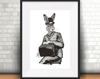 May include: A black and white illustration of a rabbit wearing a bowler hat and a plaid suit, holding a briefcase. The rabbit is sitting on a stool.