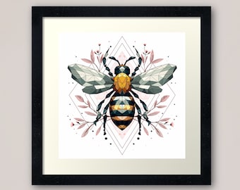 Honeybee in the cherry blossom - retro geometric zentangle bee insect Illustration nature print/poster