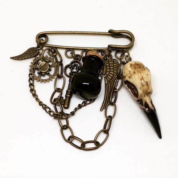Steampunk Brooch Military Style Kilt Pin Raven Skull Brooch