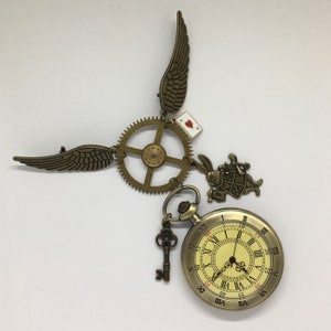 Alice in Wonderland Steampunk Pocket Watch Brooch: White Rabbit, Clockwork Jewelry