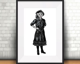 Cat-lamity Jane - Wall Art Victorian Cat Cowgirl animal illustration A3 artwork print (29.7cm x 42cm) Unique Steampunk Wall art
